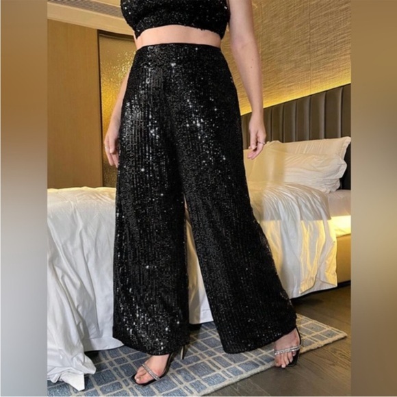 Privé Plus High Waist Black Sequin Wide-Leg Pants Size 2X New in Package - Picture 1 of 5